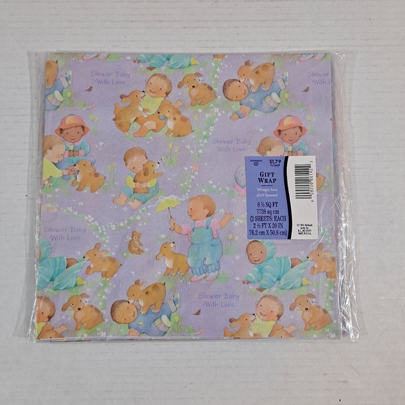 Vintage Hallmark Gift Wrap Baby Shower Infants Puppies Lot of 5 NIP USA - Picture 2 of 8